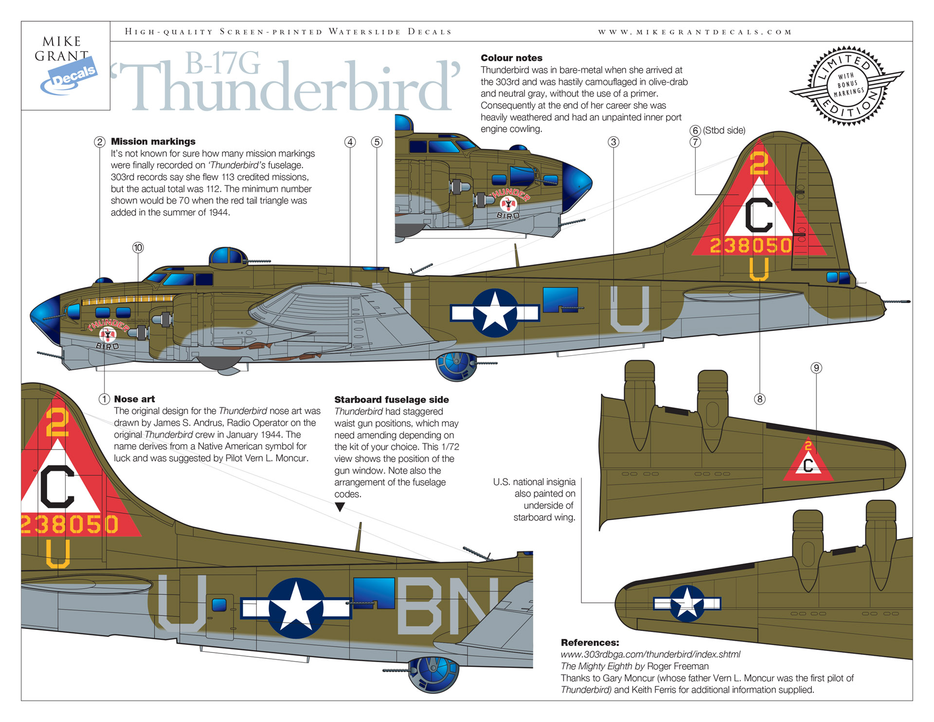 Instruction sheet for Mike Grant Decals B-17G 'Thunderbird' decal set
